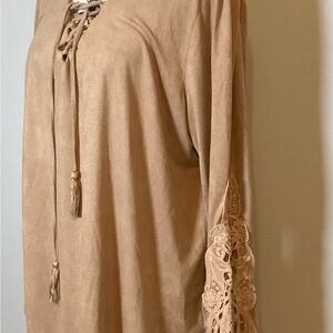 BUCKSKIN FAUX SUEDE LACE UP CROCHET BELL SLEEVE TUNIC by STYLE & CO. SIZE LG